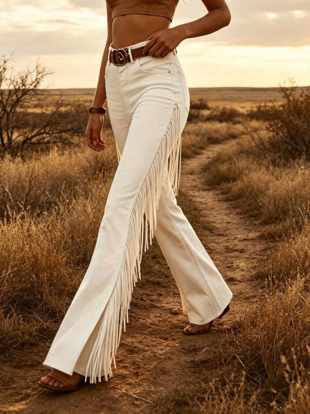 White Casual Women's High-Waisted Flared Jeans With Side Fringe